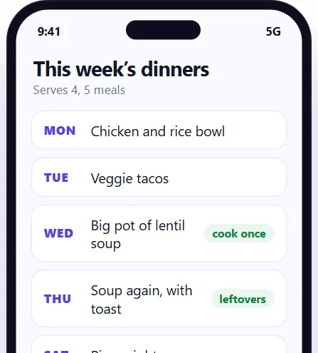 A small example of the Meal planner screen