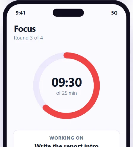 A small example of the Pomodoro timer screen