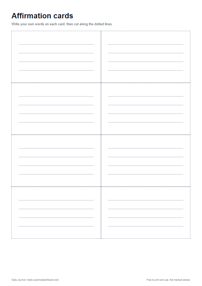 The affirmation cards printable sheet in A4 size