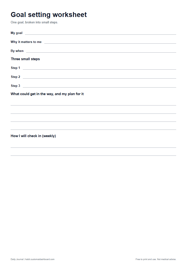 The goal setting worksheet sheet in A4 size