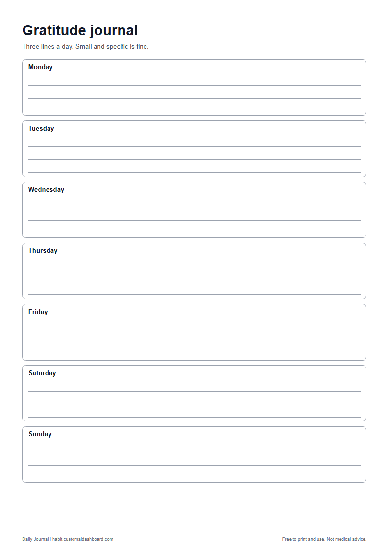 The gratitude journal printable sheet in A4 size