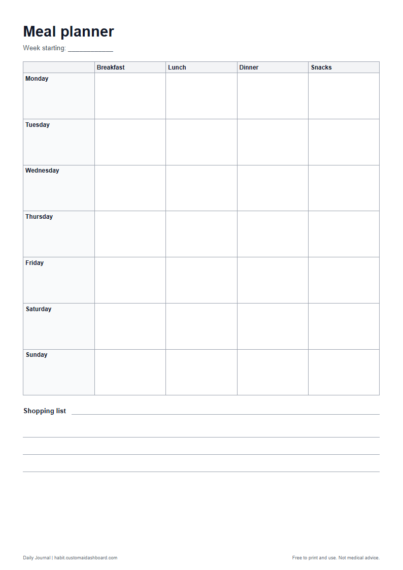 The meal planner printable sheet in A4 size