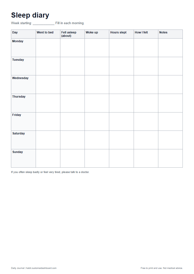 The sleep diary printable sheet in A4 size