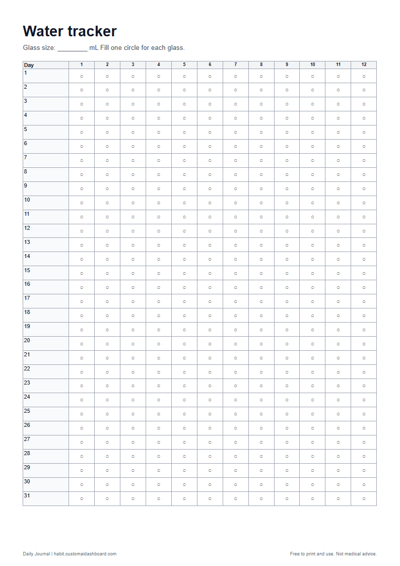 The water tracker printable sheet in A4 size