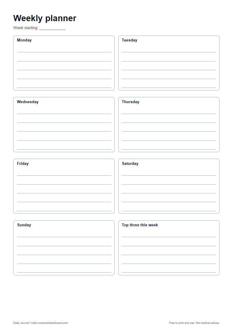 The weekly planner printable sheet in A4 size