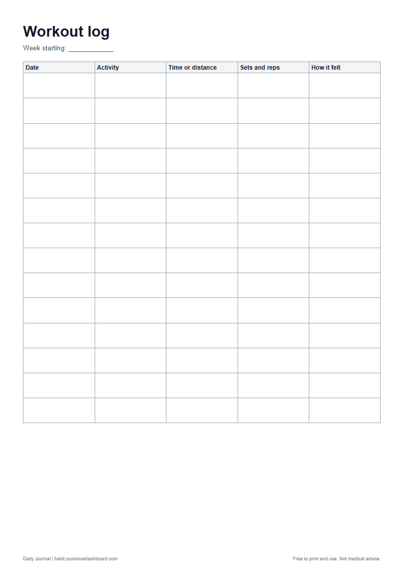 The workout log printable sheet in A4 size